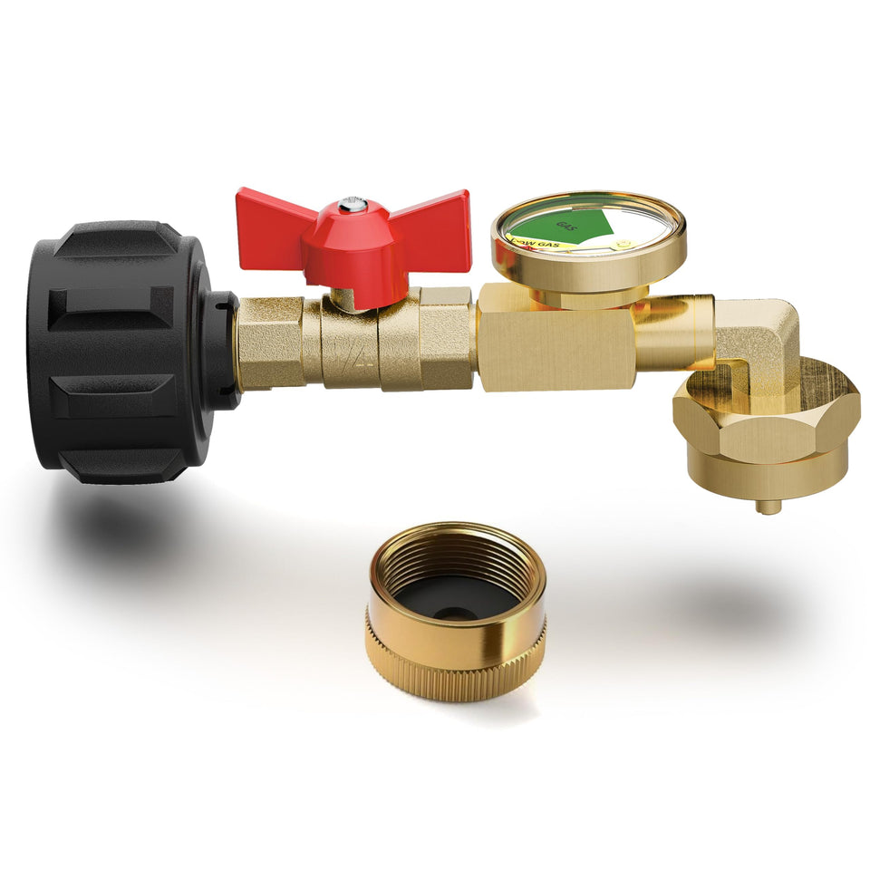 NUPICK brass propane refill adapter with built-in gauge for secure connection.