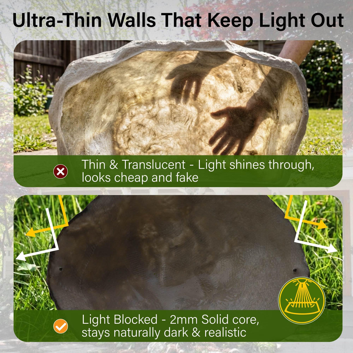 NUPICK lightweight fiberglass rock cover resists fading and cracking in sun and rain.