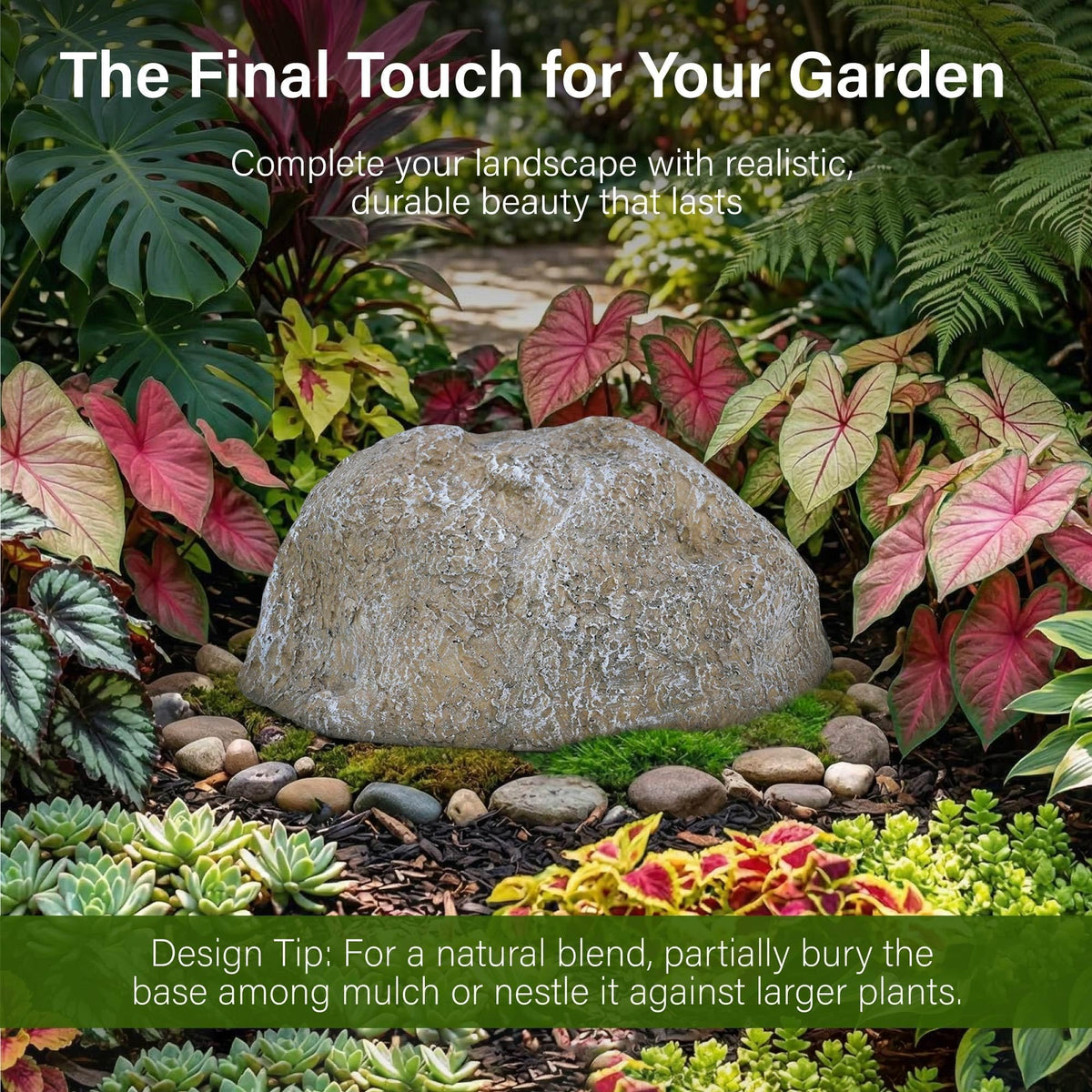 NUPICK scaled faux rock blends with pathways and flower beds for subtle layering.