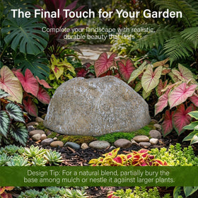 NUPICK scaled faux rock blends with pathways and flower beds for subtle layering.