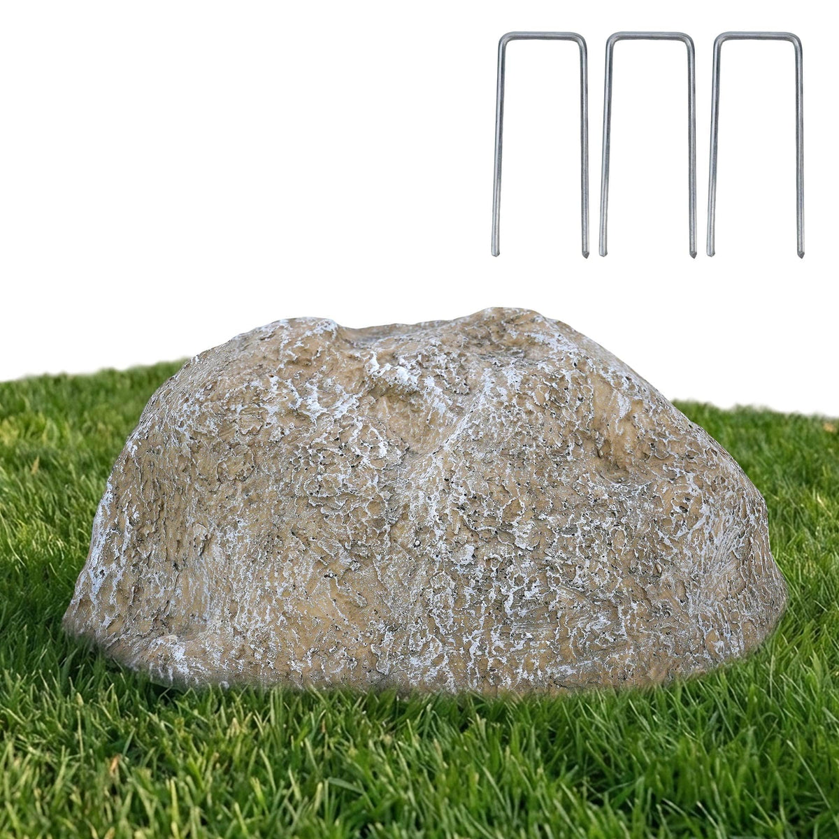 NUPICK rock cover shields sprinkler valves with a realistic gray stone look.