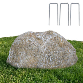 NUPICK rock cover shields sprinkler valves with a realistic gray stone look.