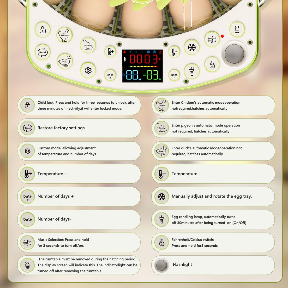 NUPLEA built-in LED candler checks fertility without opening.