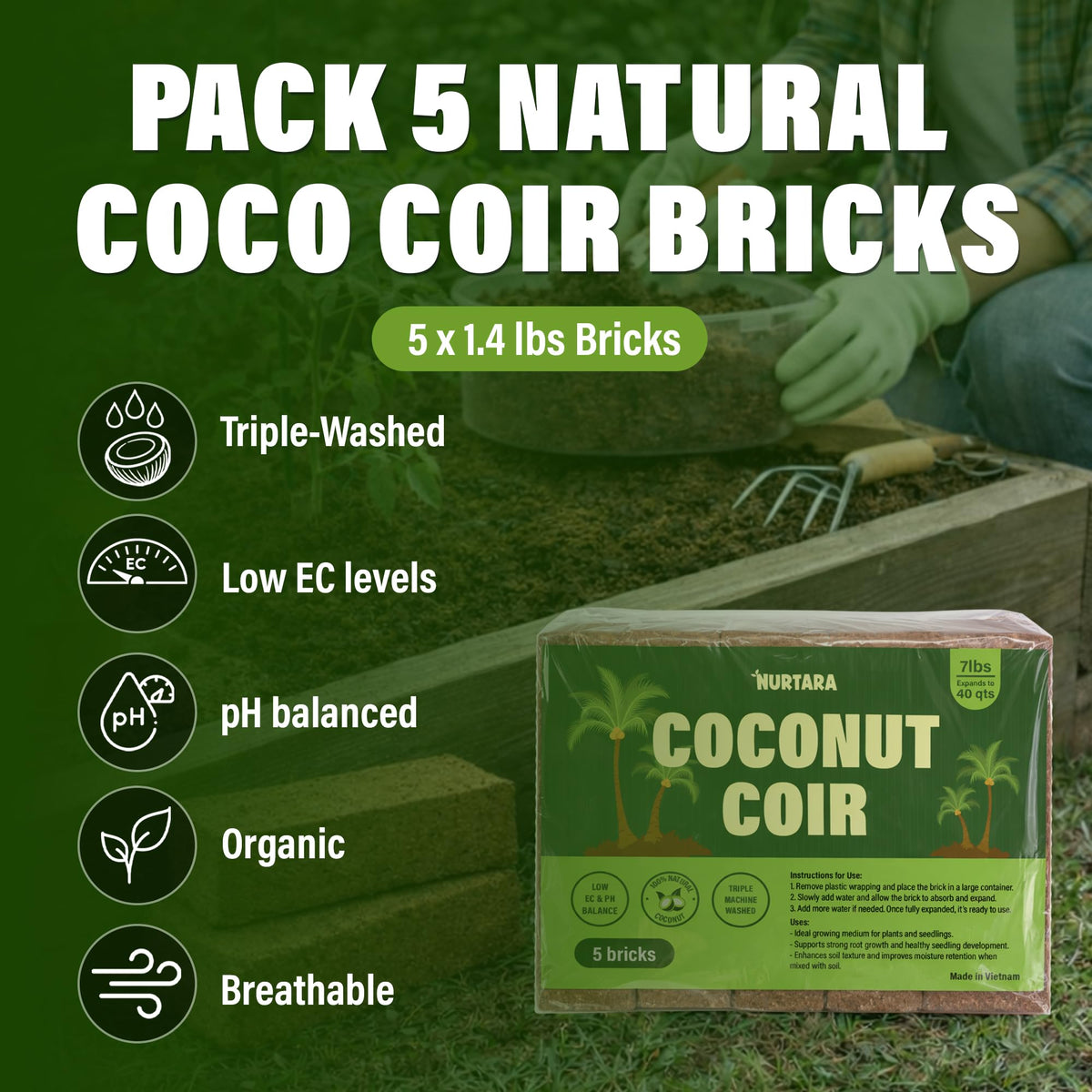 NURTARA coconut coir bricks soaking to expand for seed starting and pots