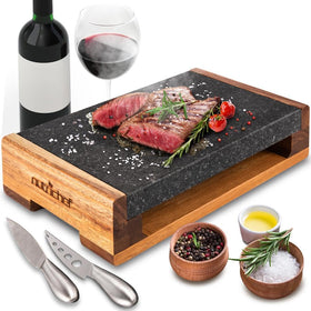 Nutrichef lava stone slab close-up ready for steak sear and serve