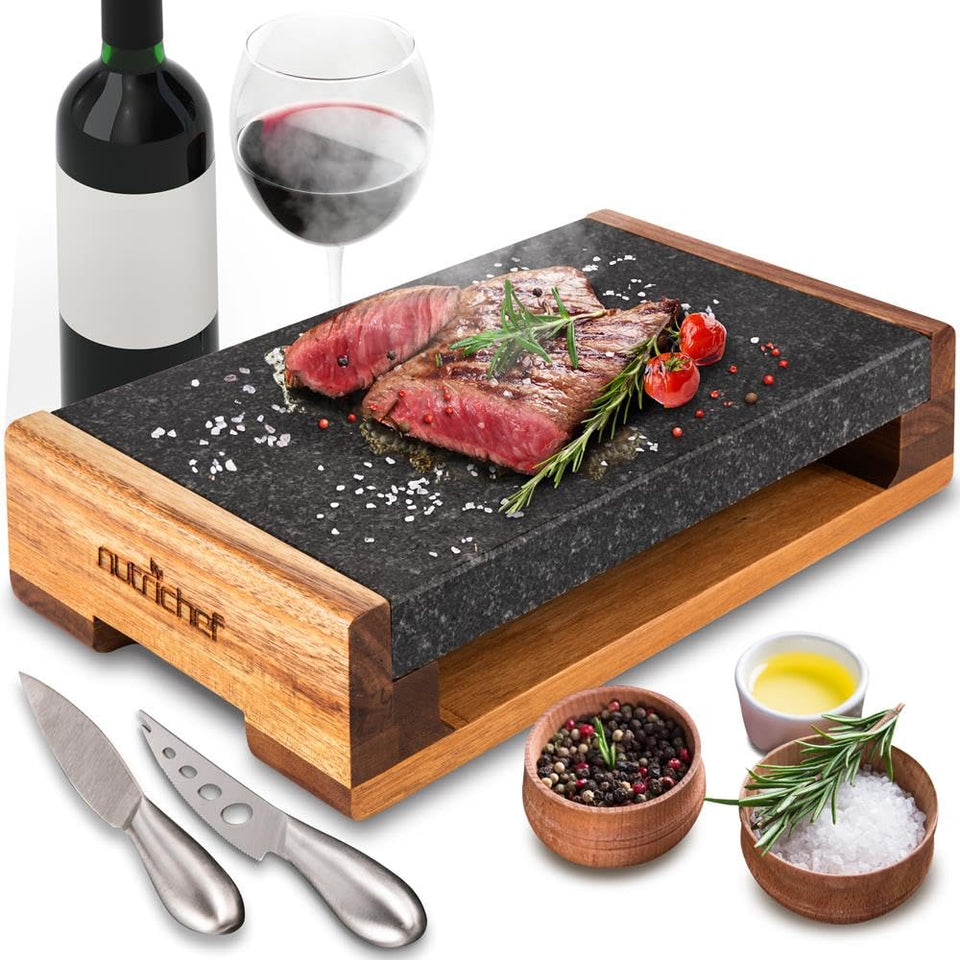 Nutrichef lava stone slab close-up ready for steak sear and serve