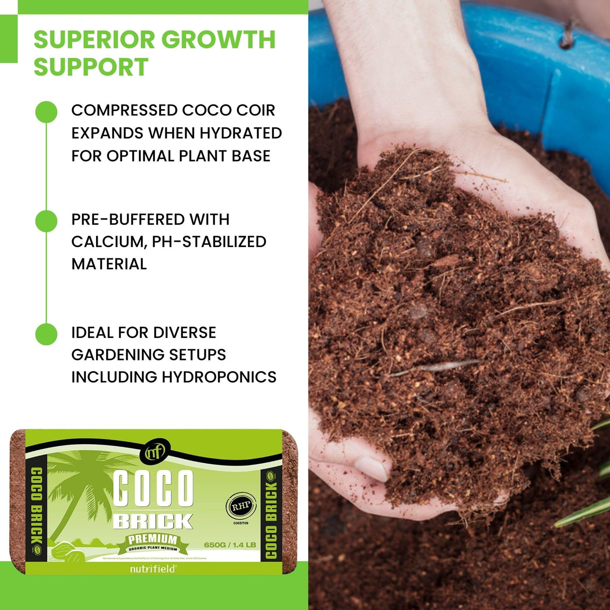 NUTRIFIELD Coco Coir Brick calcium-prebuffered for stable pH in pots.