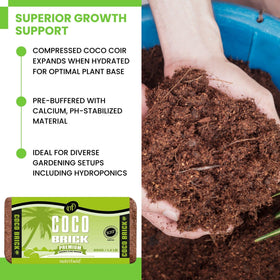 NUTRIFIELD Coco Coir Brick calcium-prebuffered for stable pH in pots.
