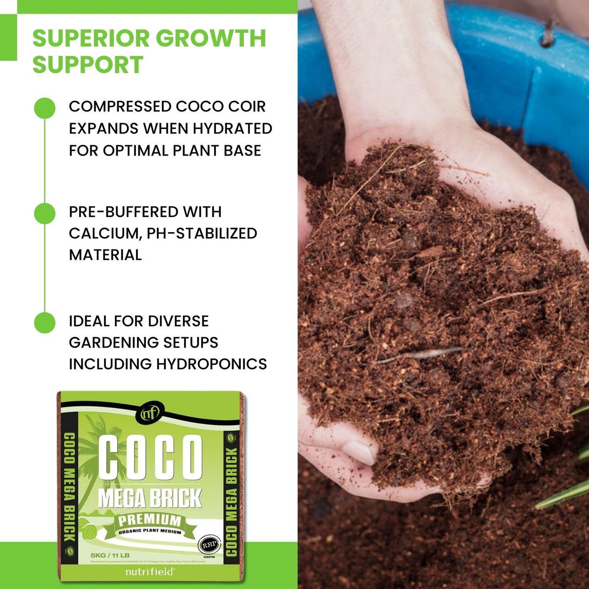 Nutrifield coco coir fibrous texture close-up showing airy root support
