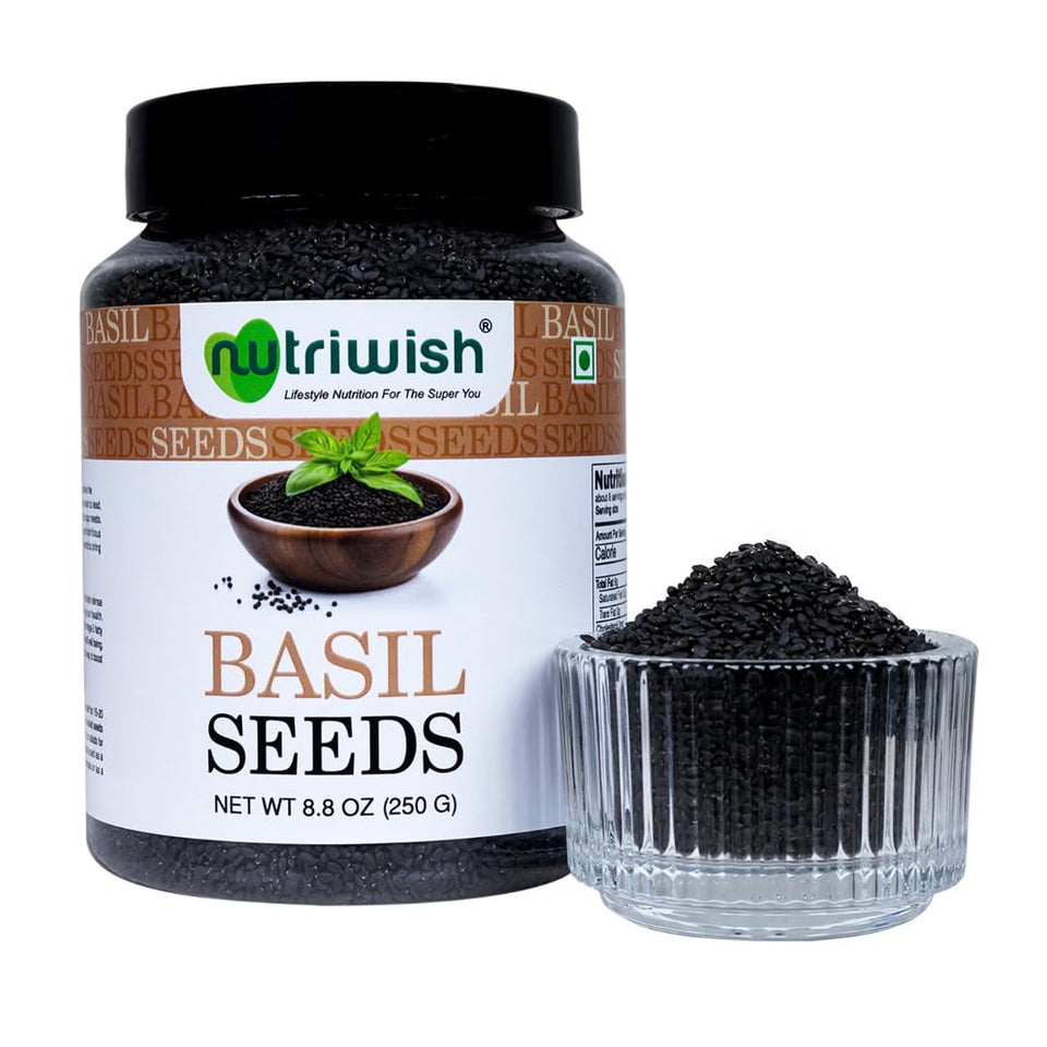 Nutriwish Basil Seeds packaging shows purity and quality.
