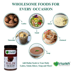 Nutriwish Halim seeds packaging with transparent label emphasizes quality control