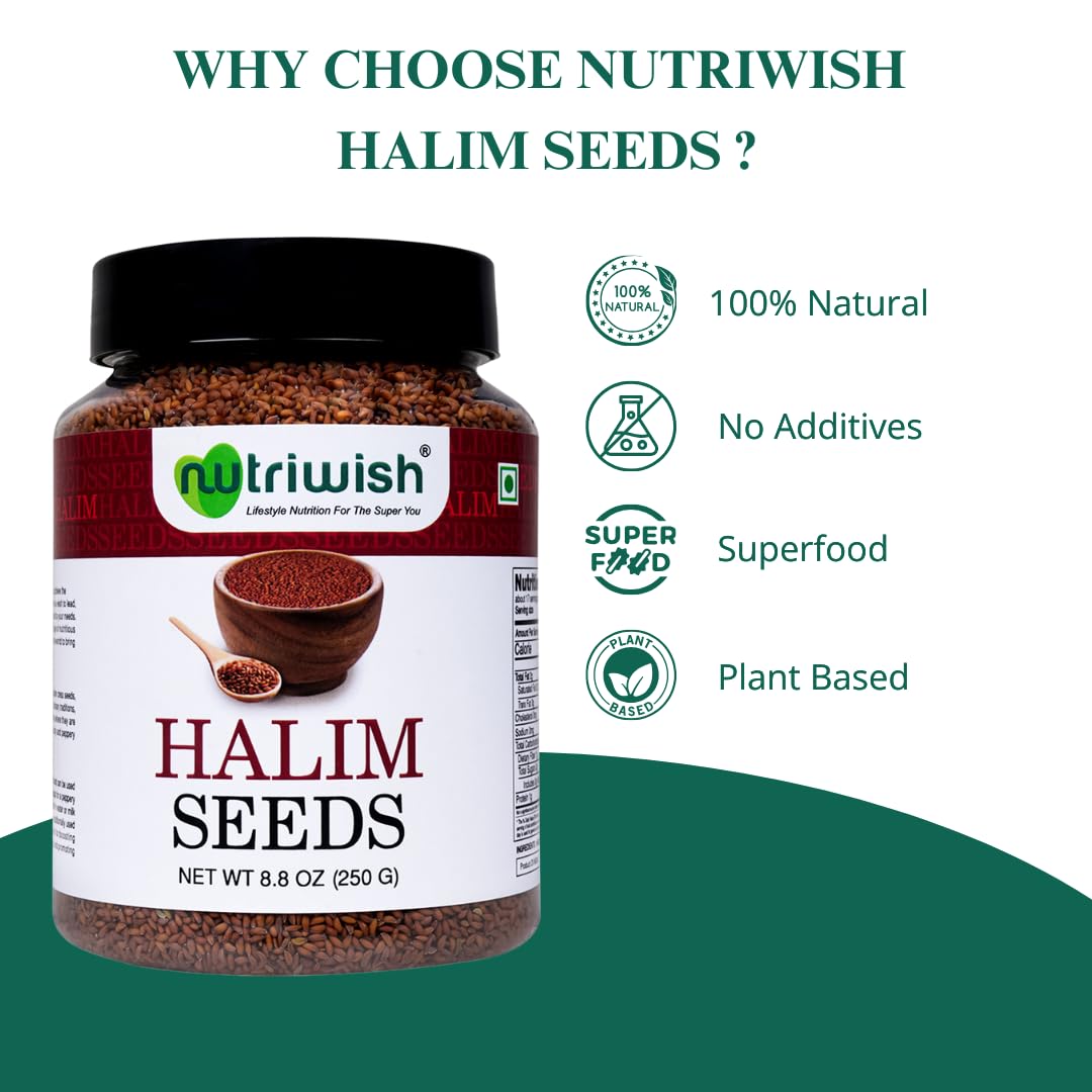 Nutriwish Halim seeds on a spoon-dispense setup for easy topping.