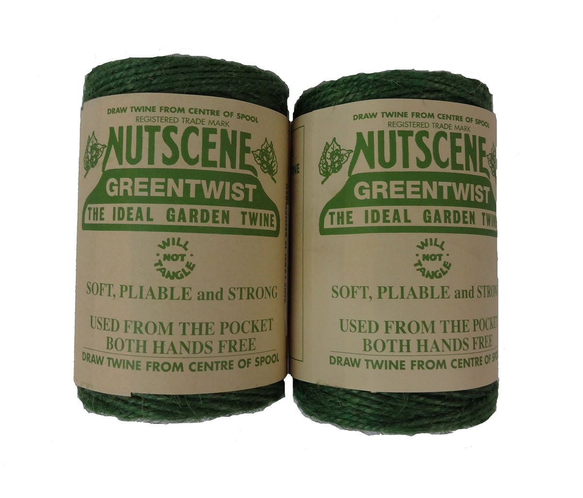 Nutscene green 3-ply jute twine spool with center-dispense design for tangle-free use.