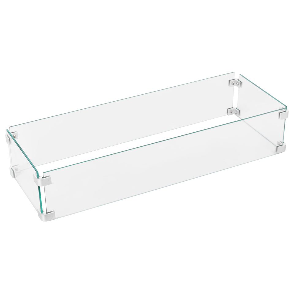 NUU GARDEN tempered glass wind guard on rectangular fire table preserves clear flame view