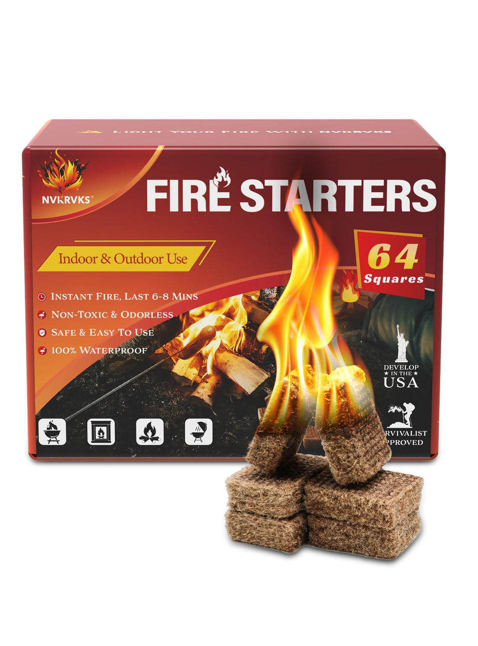 Nvkrvks fire-starter cubes pack front for quick ignition on outdoor adventures.