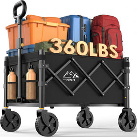 NWH collapsible wagon with extended handle for easy pulling on uneven ground.