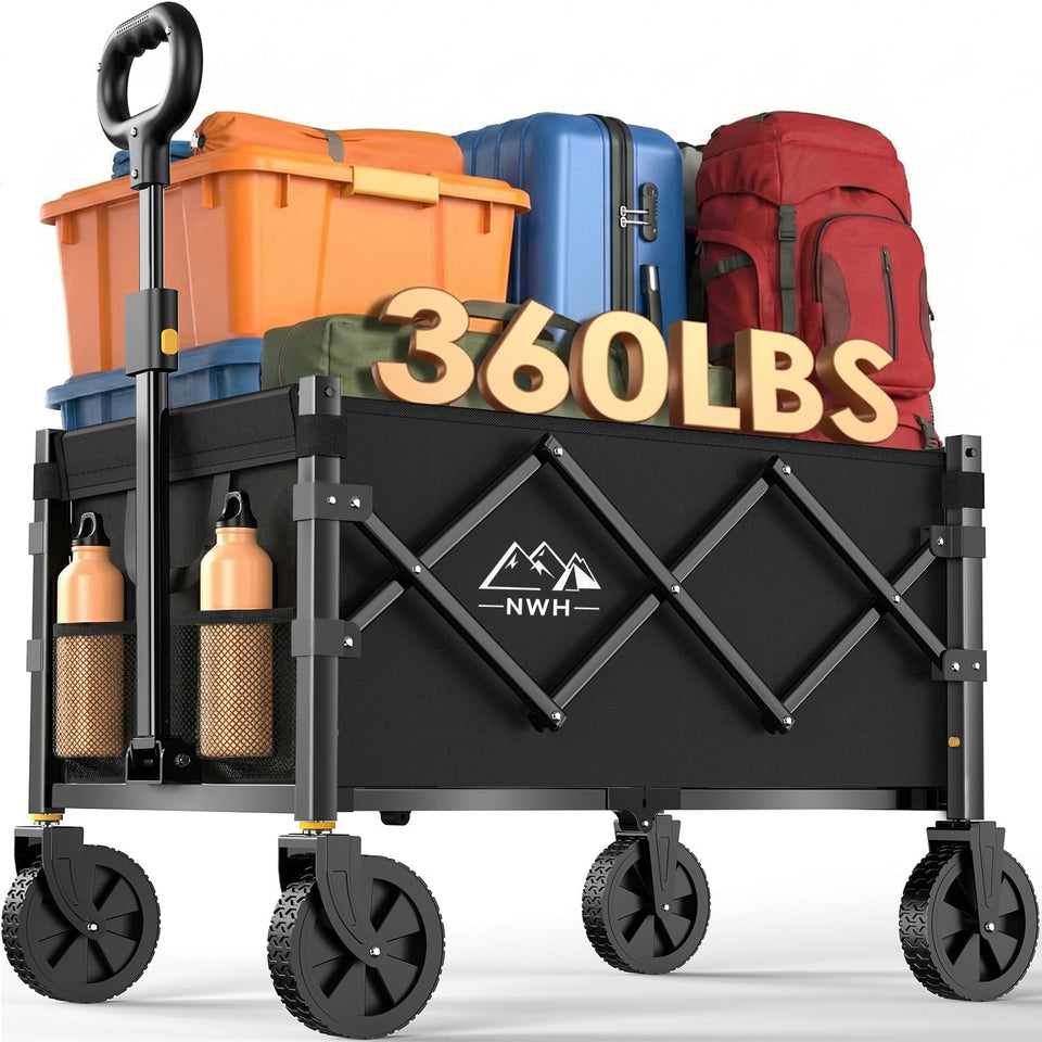 NWH collapsible wagon with extended handle for easy pulling on uneven ground.