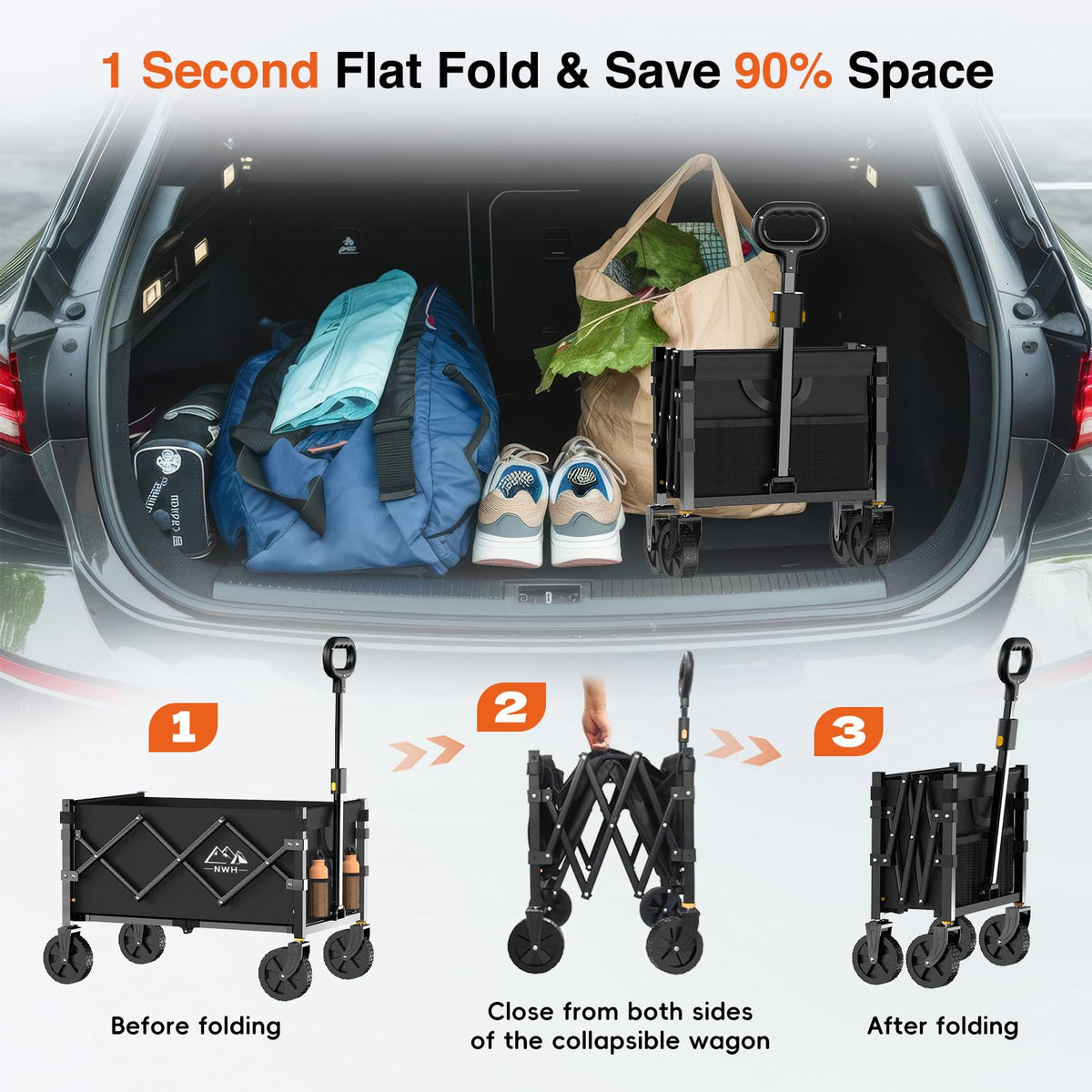 NWH collapsible wagon featuring two cup holders for drinks on the go.
