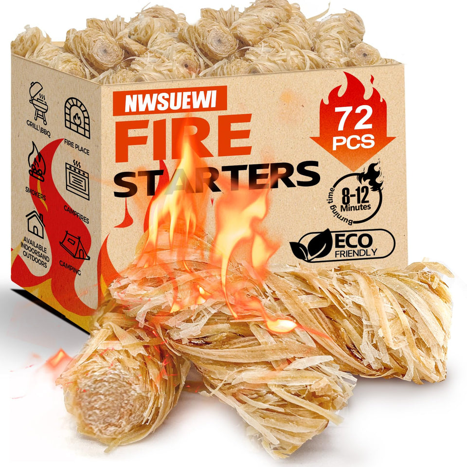 Nwsuewi 72pcs fire starters pack close-up for quick ignition during camping.