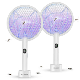 Nymrix electric fly swatter racket showing 4100V zap capability for quick pest control.