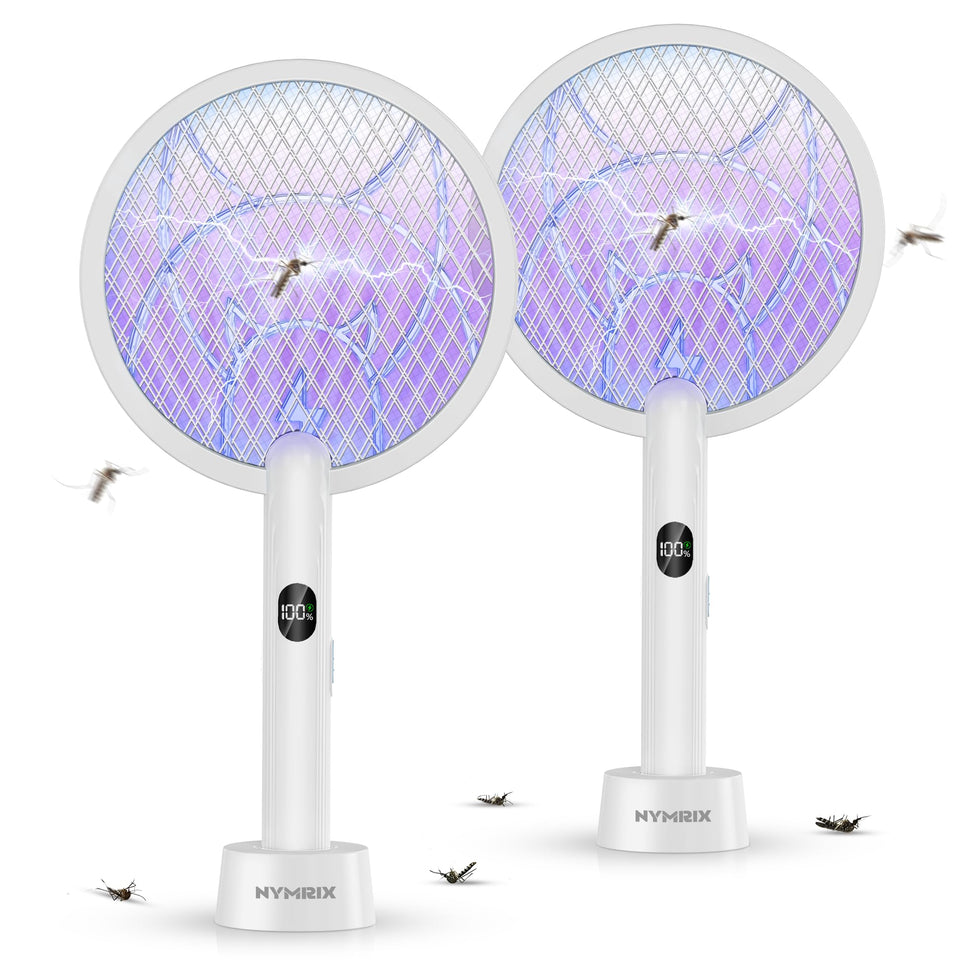 Nymrix electric fly swatter racket showing 4100V zap capability for quick pest control.