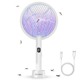 Nymrix electric fly swatter racket zapping pests on contact for quick relief