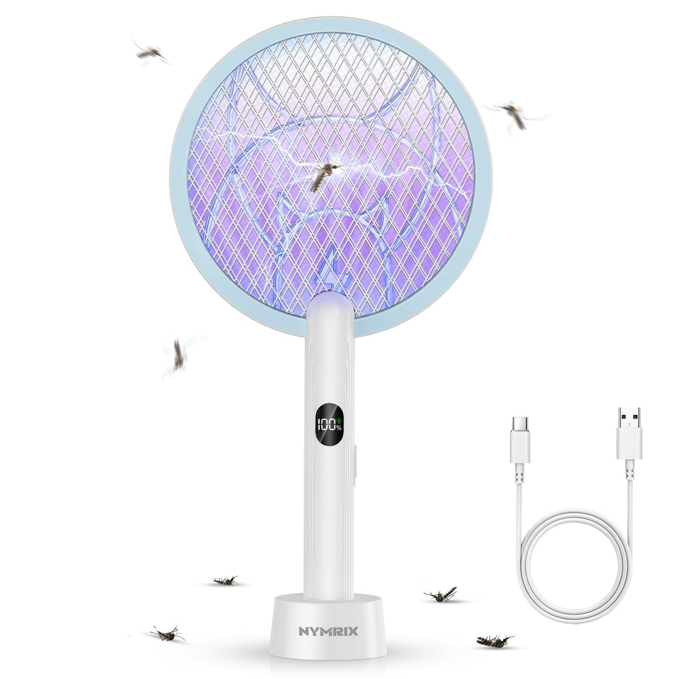 Nymrix electric fly zapper racket with base charging for convenient indoor use.