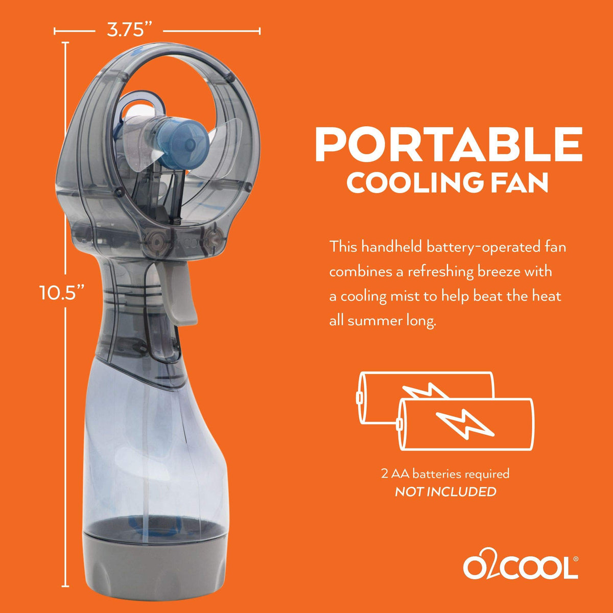 O2COOL Deluxe battery-powered fan runs on two AA batteries for convenience.