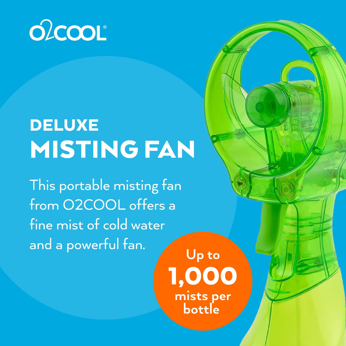 O2COOL Deluxe Misting Fan mist output for a refreshing outdoors breeze