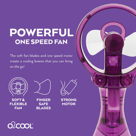 O2COOL Deluxe Misting Fan Purple in-use at the beach shows mist