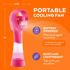 Kids enjoying O2COOL misting fan under sun raspberry