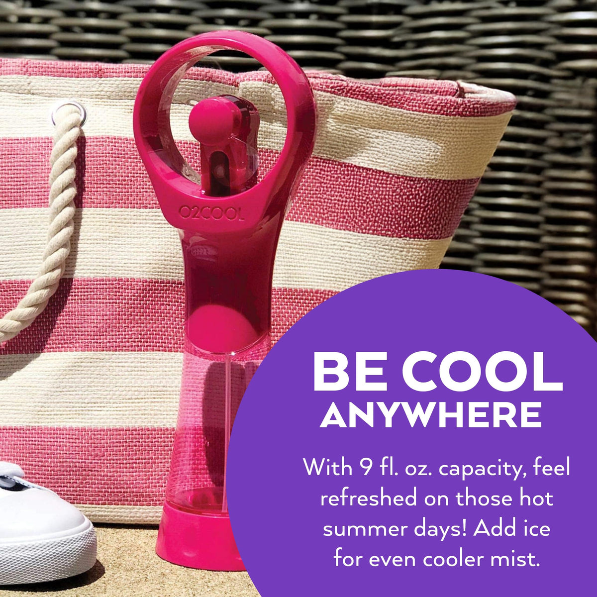 Colorful raspberry design of O2COOL misting fan in pocket