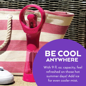 Colorful raspberry design of O2COOL misting fan in pocket