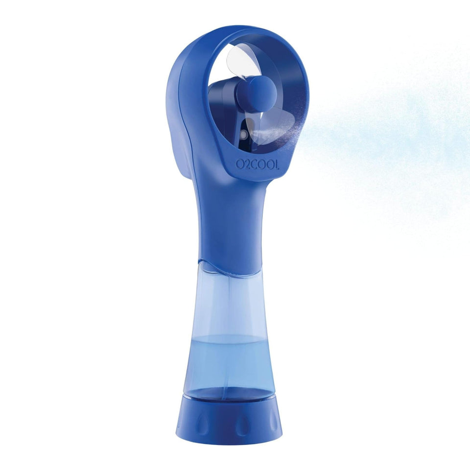 O2COOL Elite misting fan blue front view, portable cooling for outdoor outings.