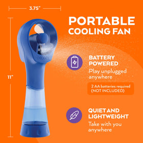 O2COOL Elite misting fan blue battery compartment, quick access for on-the-go power.