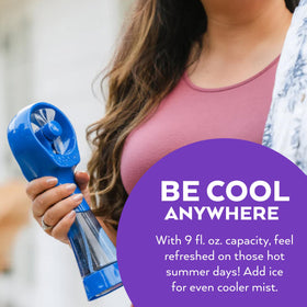 O2COOL Elite misting fan blue handheld design, lightweight for travel and daily use.