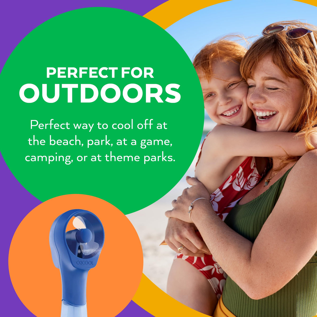 O2COOL Elite misting fan blue mist action closeup, fine spray paired with cooling breeze.