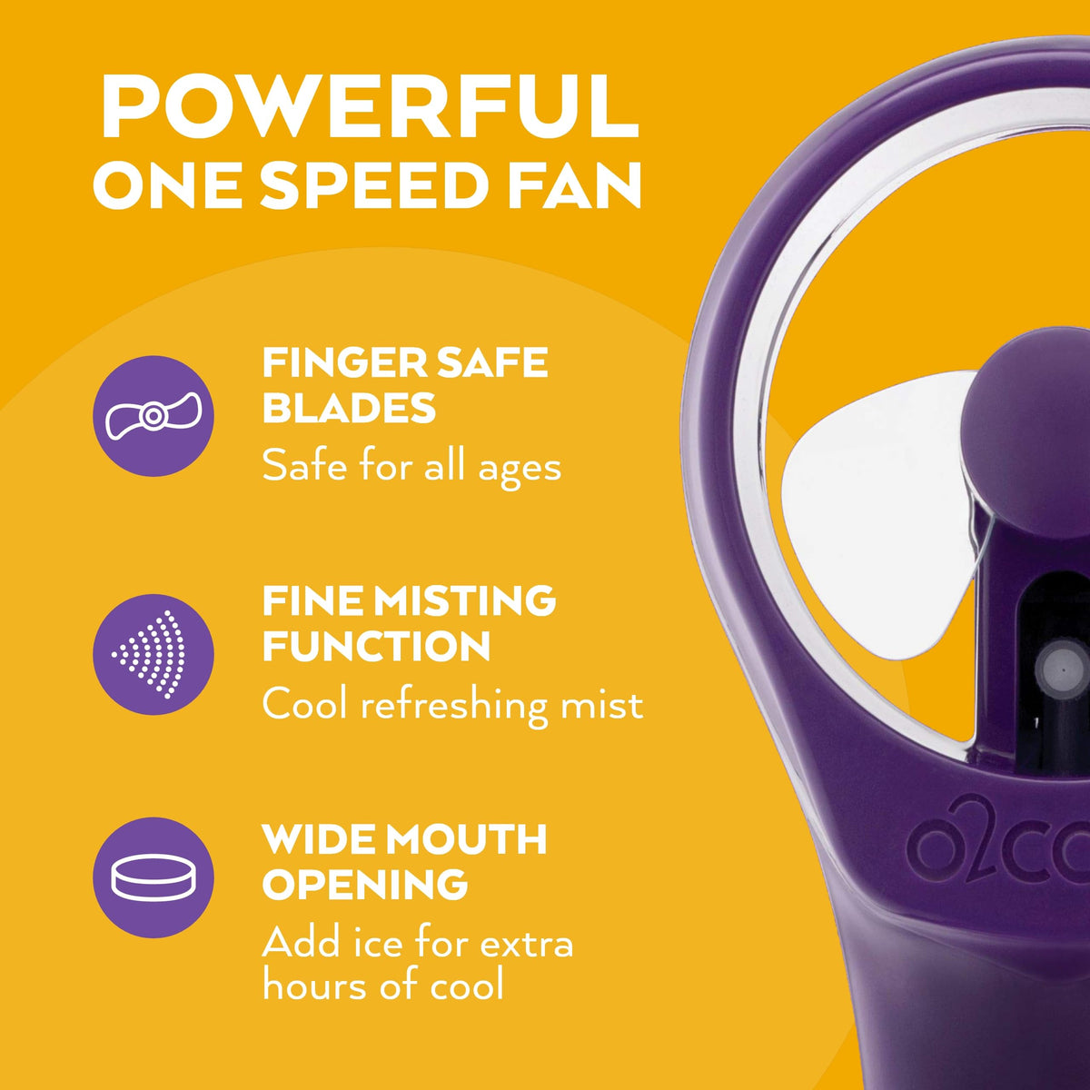 O2COOL Elite Misting Fan Purple at the beach demonstrates refreshing mist on hot days