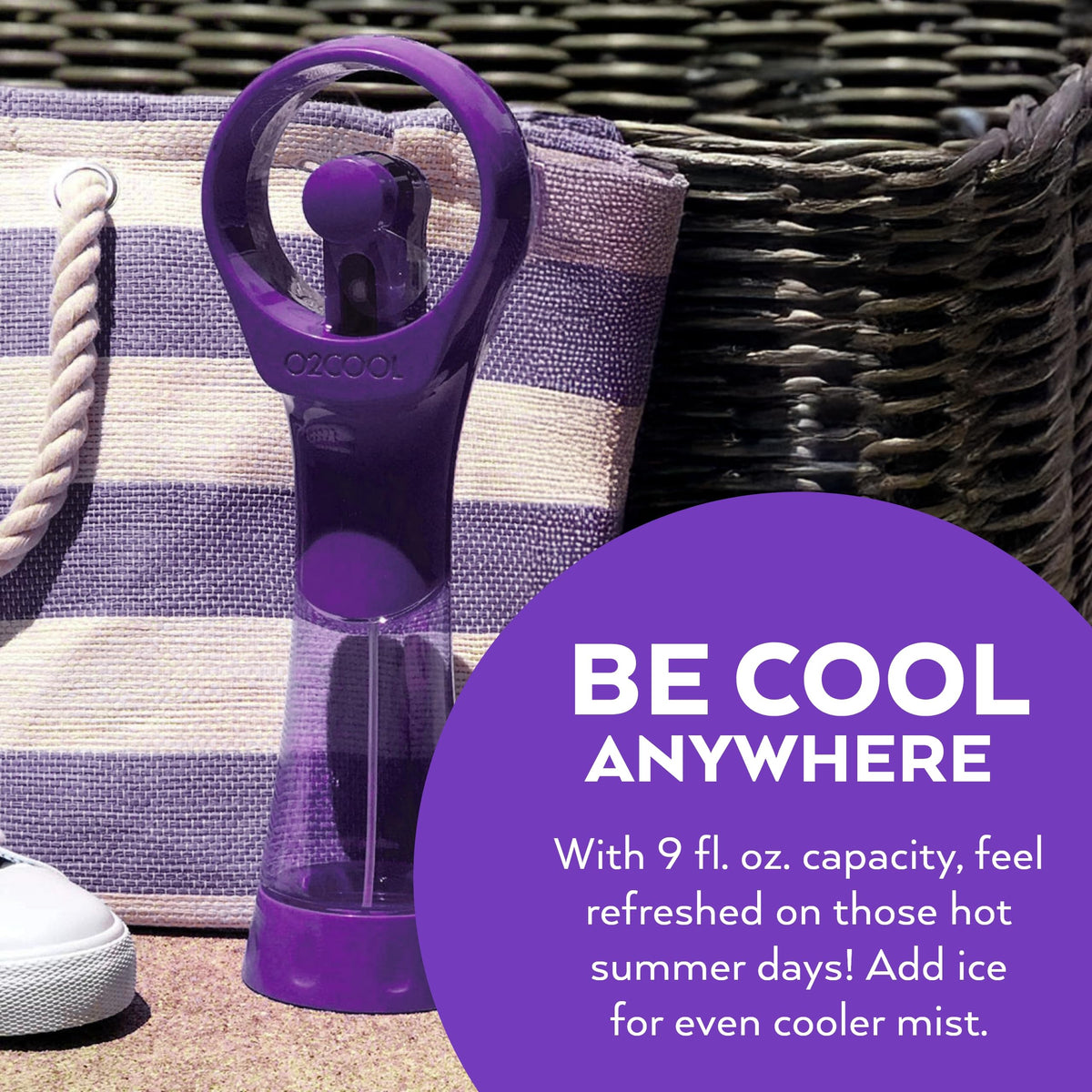 O2COOL Elite Misting Fan Purple motor detail emphasizes strong airflow