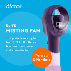 O2COOL Elite Misting Fan Purple side view highlights portable, travel-ready design