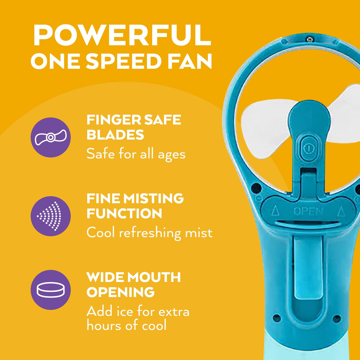 O2COOL Elite teal fan operating on battery for portable power