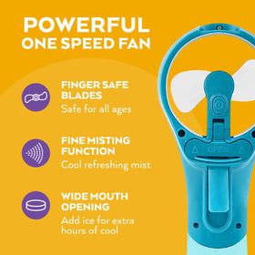 O2COOL Elite teal fan operating on battery for portable power