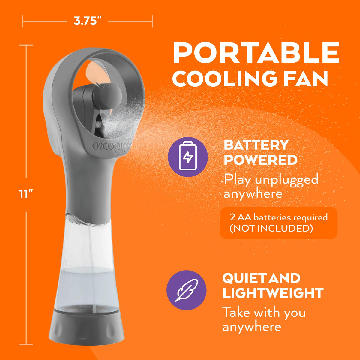 O2COOL Elite misting fan grey near battery compartment indicating portability.
