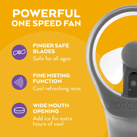 Grey misting fan producing visible mist with ice-capable operation for cooler breeze.