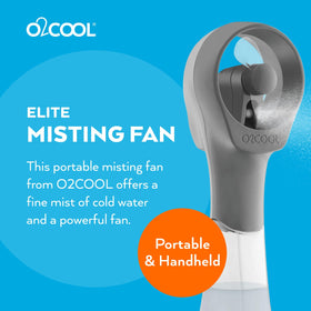 O2COOL Elite misting fan grey side view shows compact travel-ready cooling.