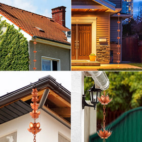 Oak Leaf Rain Chain with 12 lotus cups channels rain gracefully along the exterior.