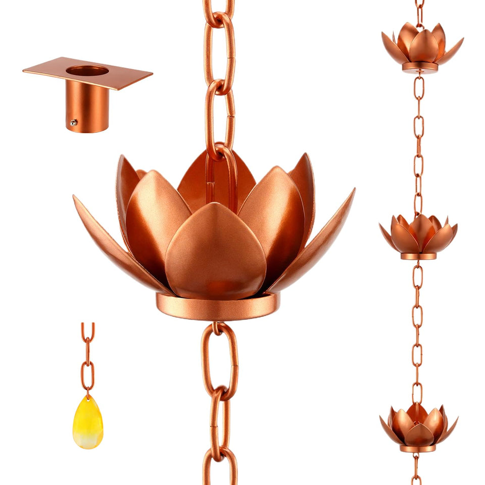 Oak Leaf Rain Chain 8-5ft length drops water softly for garden ambiance.