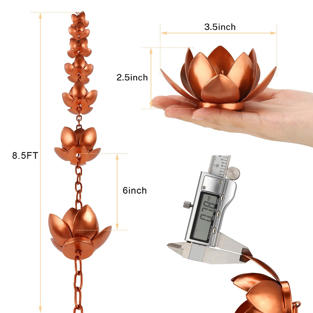 Oak Leaf Rain Chain adapter included ensures quick, tool-free gutter connection.