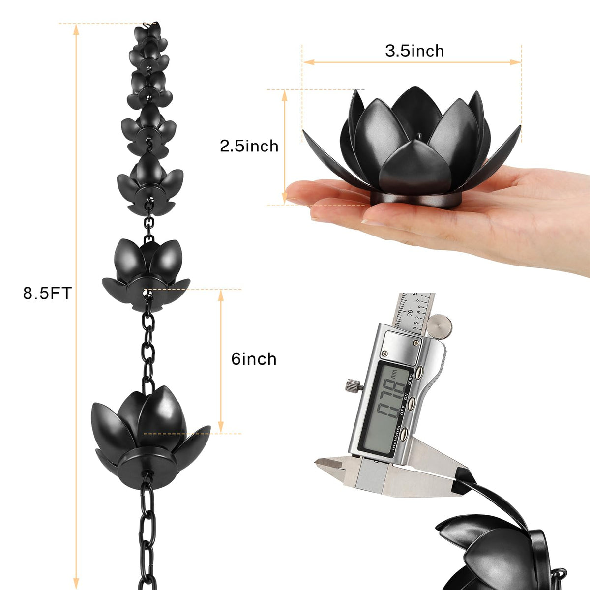 Oak Leaf rain chain gutter adapter demonstrates simple, tool-free connection for minimal splash.