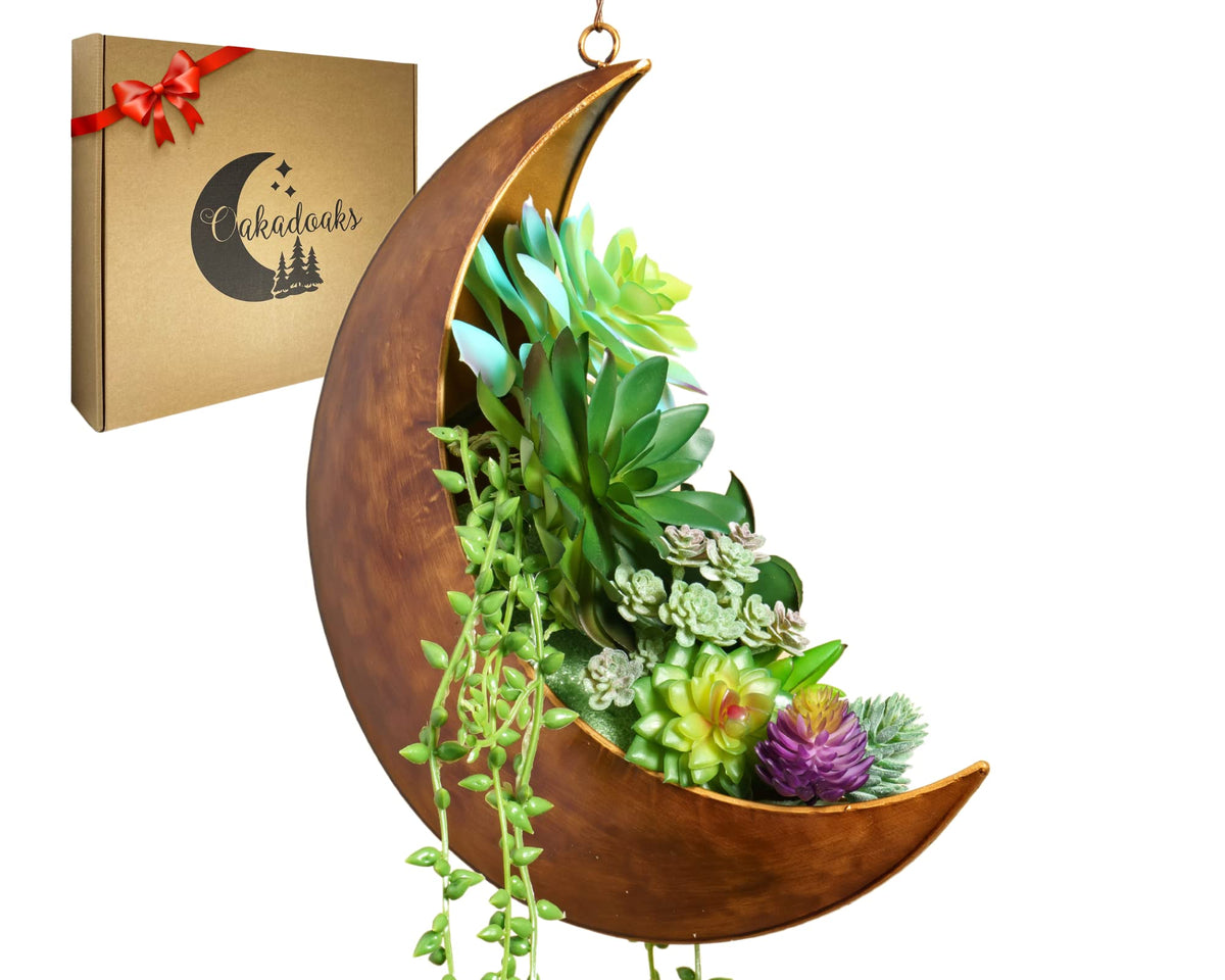 Oakadoaks Hanging Moon Planter with brushed finish enhances celestial decor